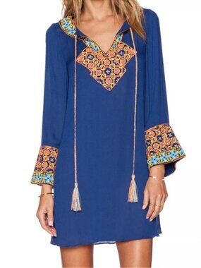 Pia Pauro Blue Embroidered Tunic Dress Boho Bell Sleeve Tassel S